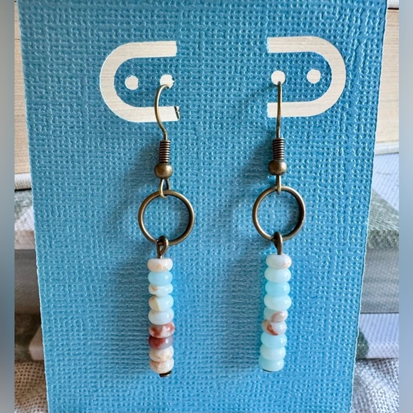 New Natural Blue Agate & Crazy Lace Agate Stacked Stone Beads Earrings - 2” - Picture 1 of 4